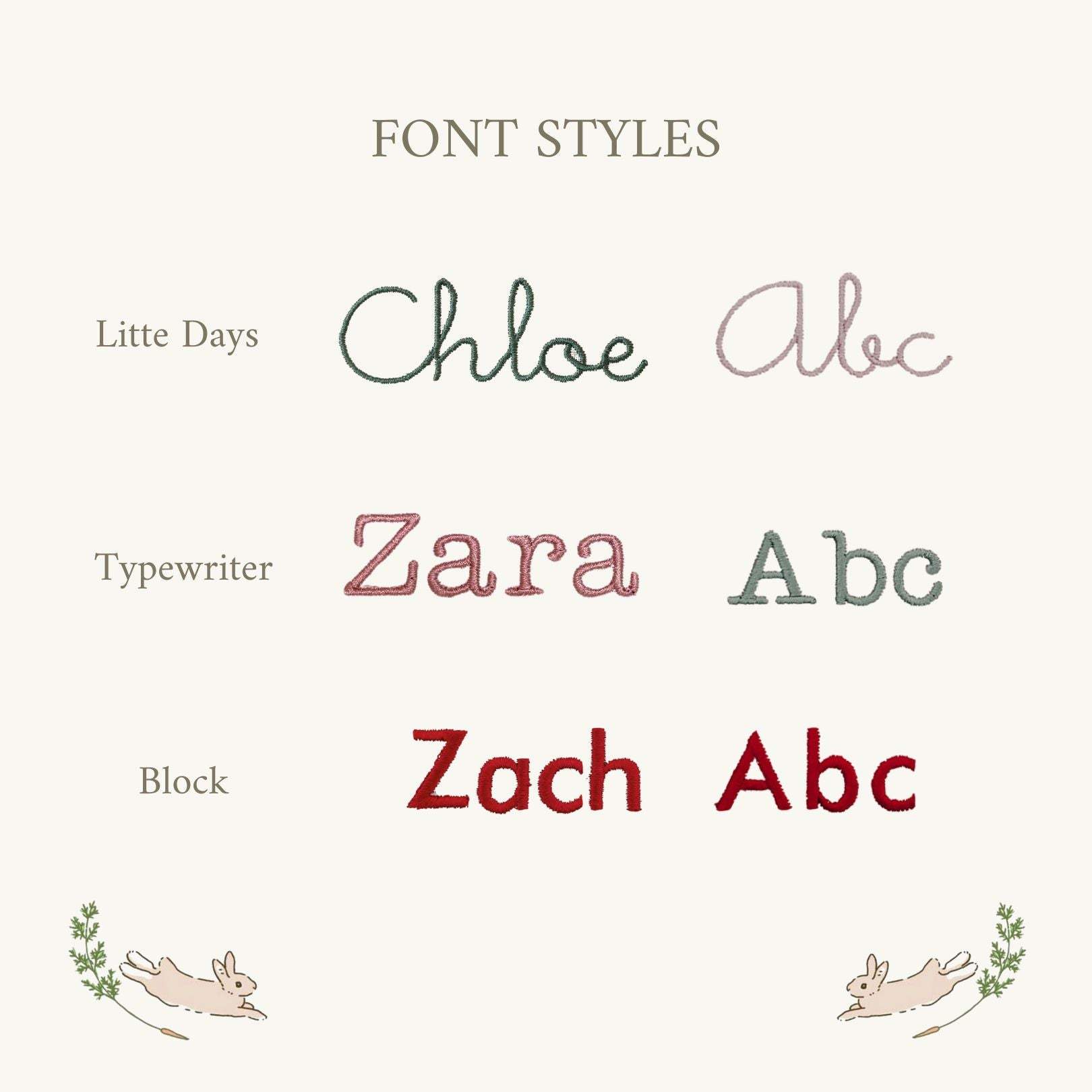 Font styles for personalised embroidery on Easter buckets, including Litte Days, Typewriter, and Block.