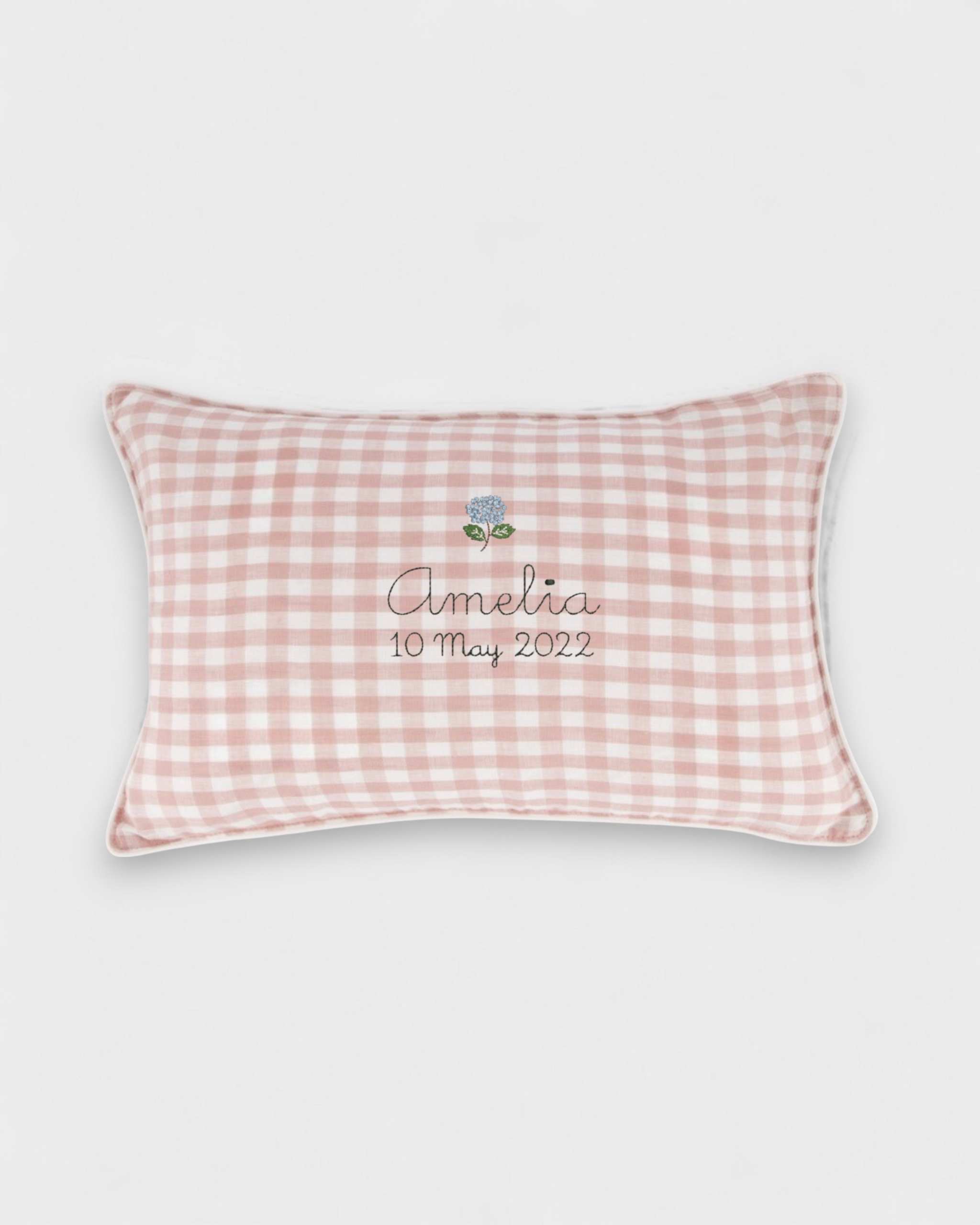 Hydrangea Linen Cushion with personalized embroidery, crafted in New Zealand, 30x45cm, natural linen color.