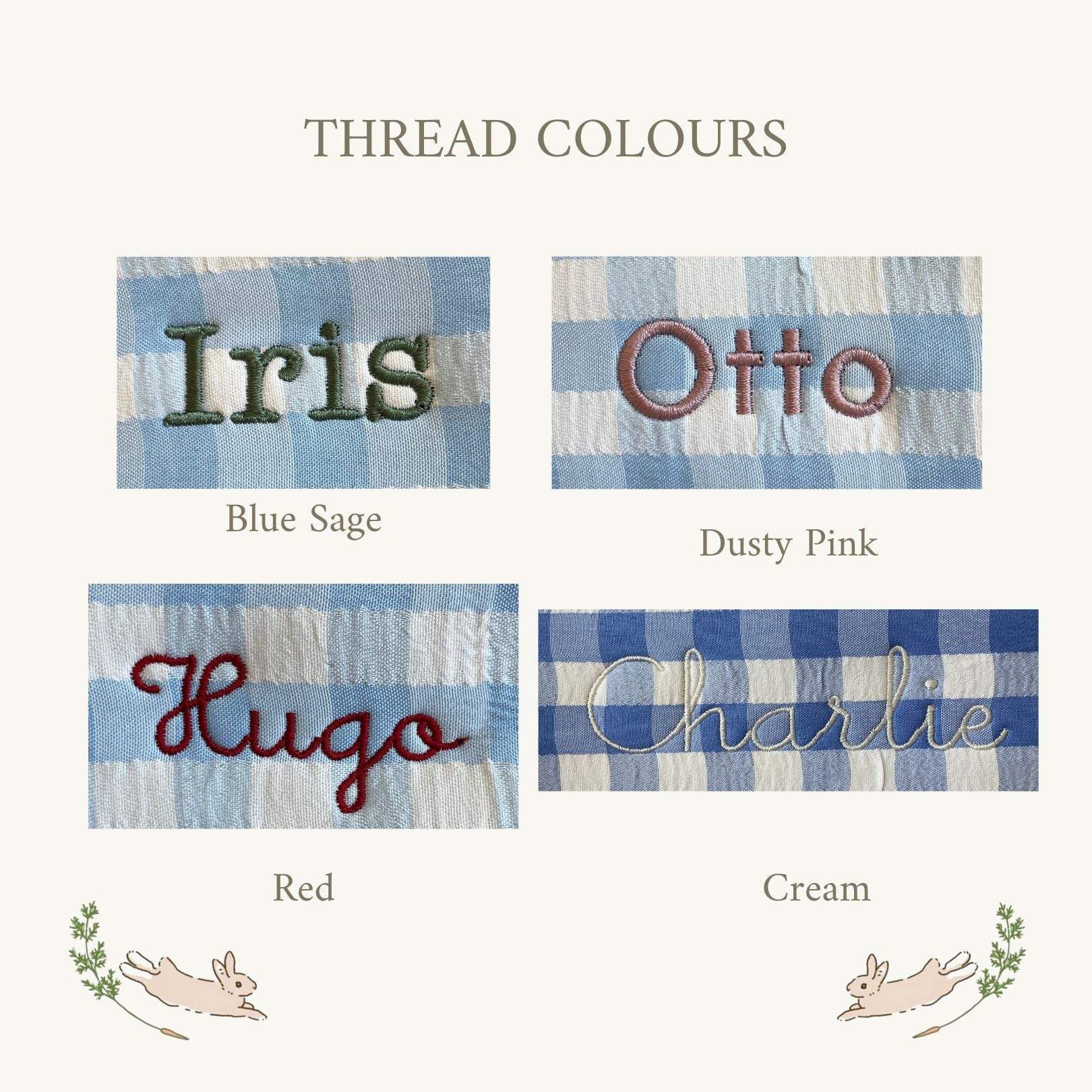 Personalised Easter Bucket in various thread colors including Blue Sage, Dusty Pink, Red, and Cream.