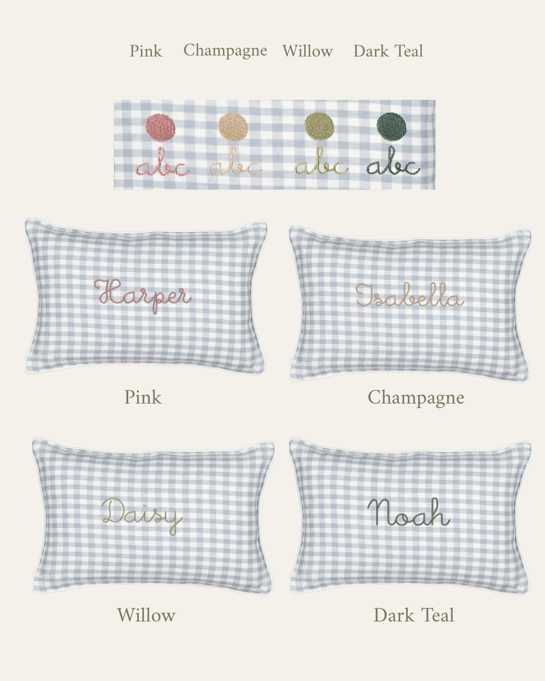 Duck egg blue linen cushion with personalized embroidered names in pink, champagne, willow, and dark teal on a gingham pattern.