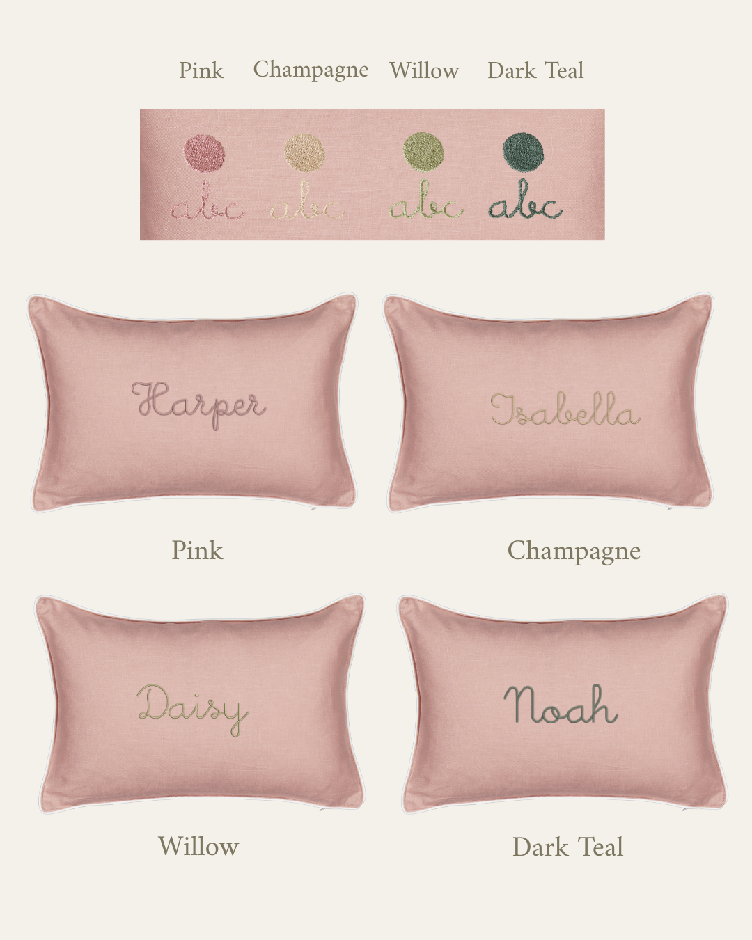 Set of four personalized pink linen cushions with embroidered names in pink, champagne, willow, and dark teal thread colors on soft fabric.