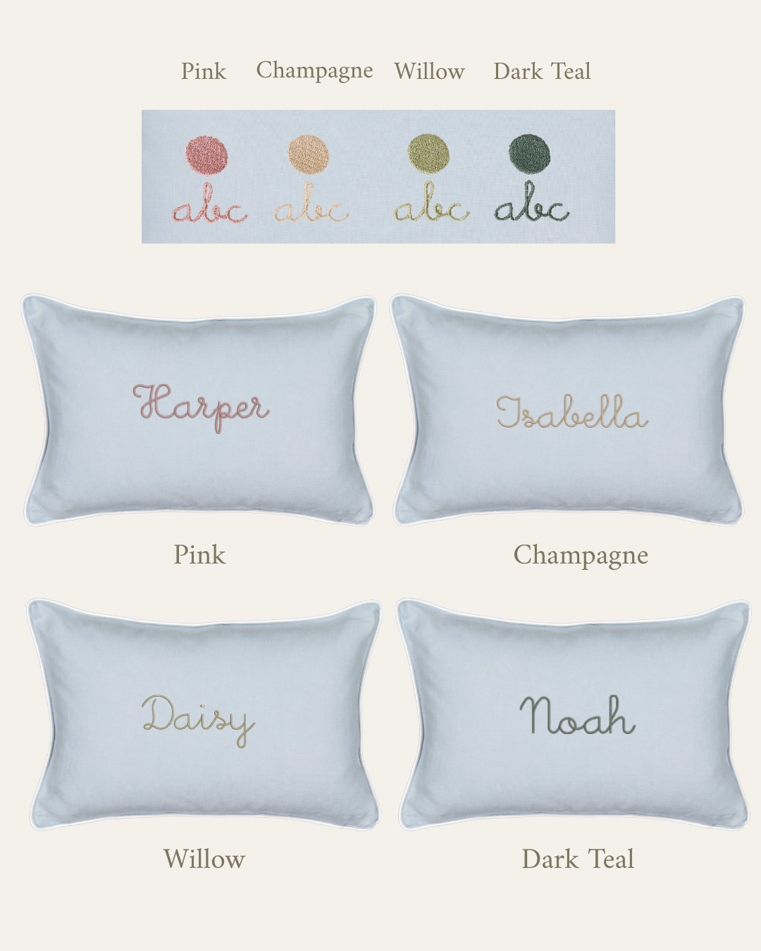 Duck egg blue linen cushion with personalized embroidery options in pink, champagne, willow, and dark teal threads