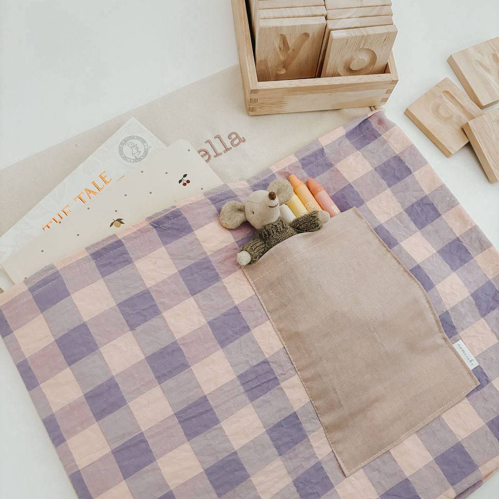 Personalised pink and purple gingham chair bag, perfect for organizing kids' study spaces.