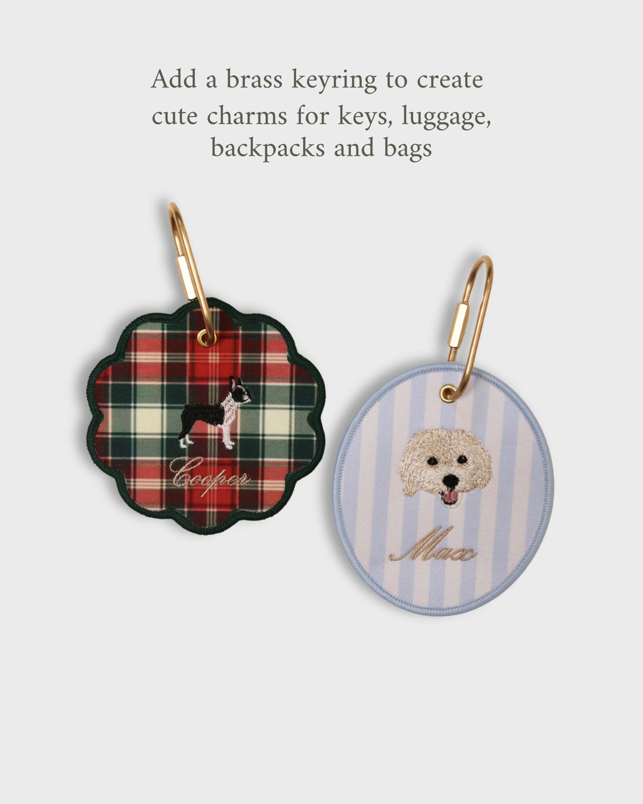 Custom pet ornaments with embroidered dog designs and brass keyrings for festive decoration and charms
