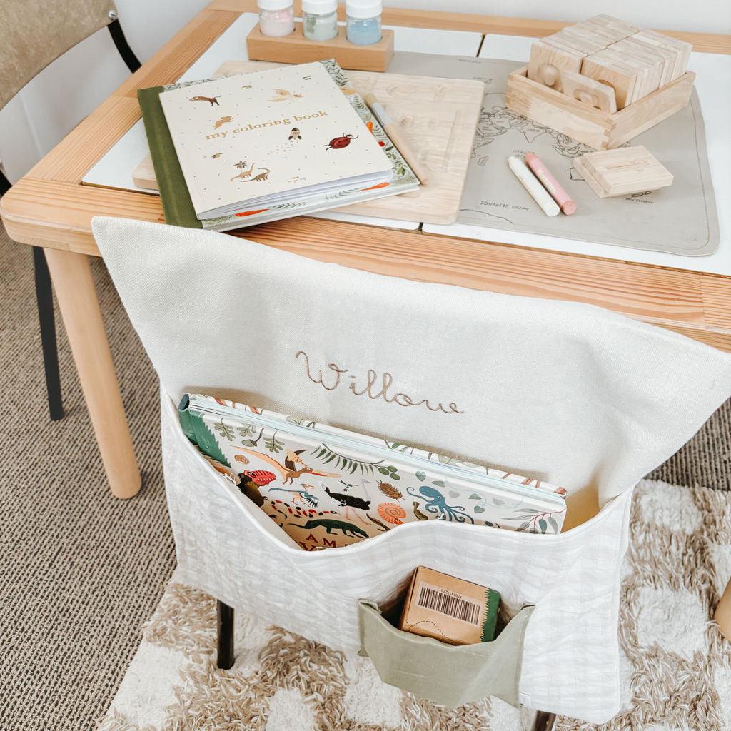 Personalised Natural Gingham Chair Bag on a Children's Chair with Embroidered Name