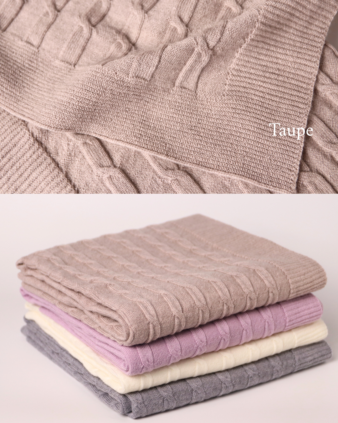 Merino baby blanket with vintage hot air balloons embroidery, in taupe, lilac, cream, and grey.