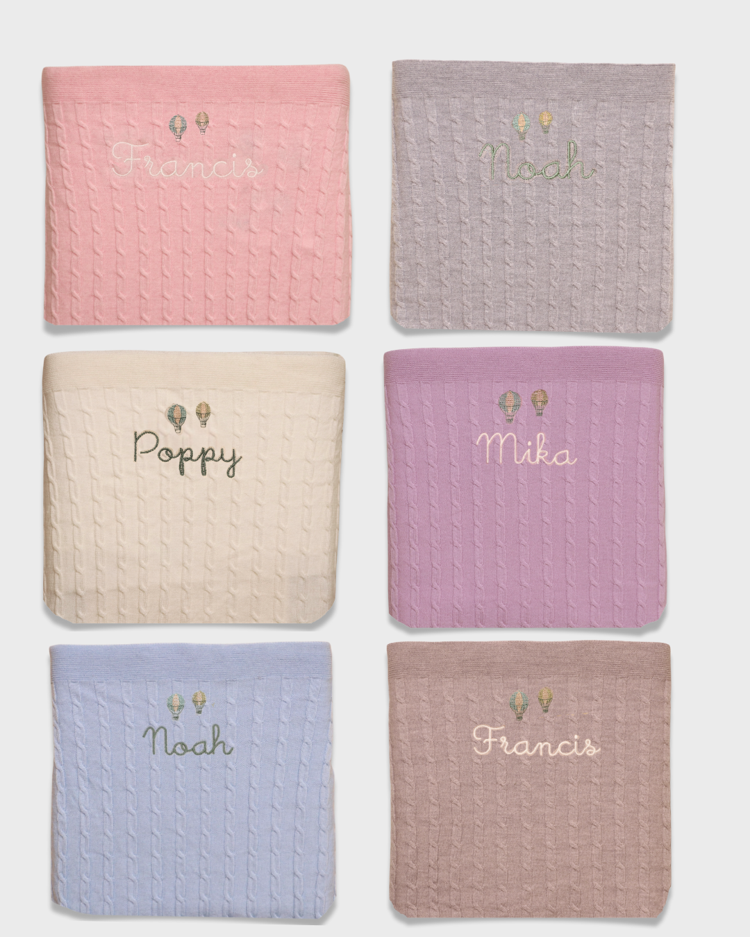 Merino wool baby blankets with personal embroidery and balloon design.