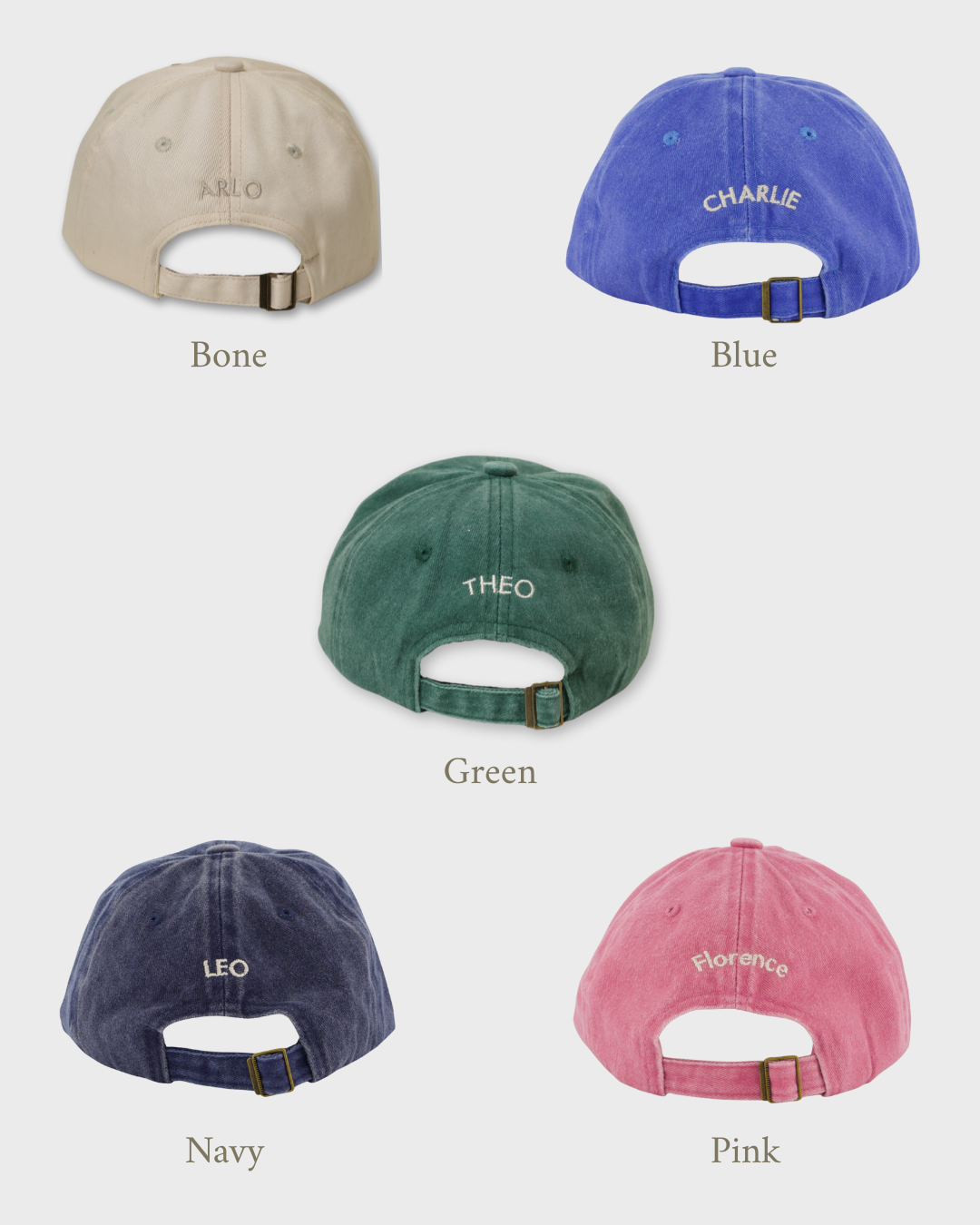 Jack Russell personalised hats in bone, blue, green, navy, and pink with custom name embroidery on the back.