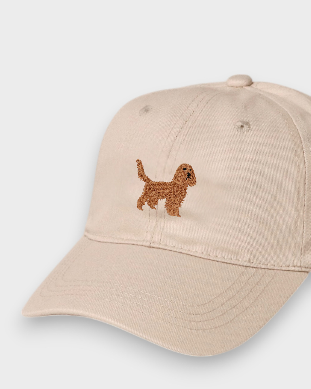 Kelpie personalised hat with embroidered Cocker Spaniel design on beige washed cotton baseball cap
