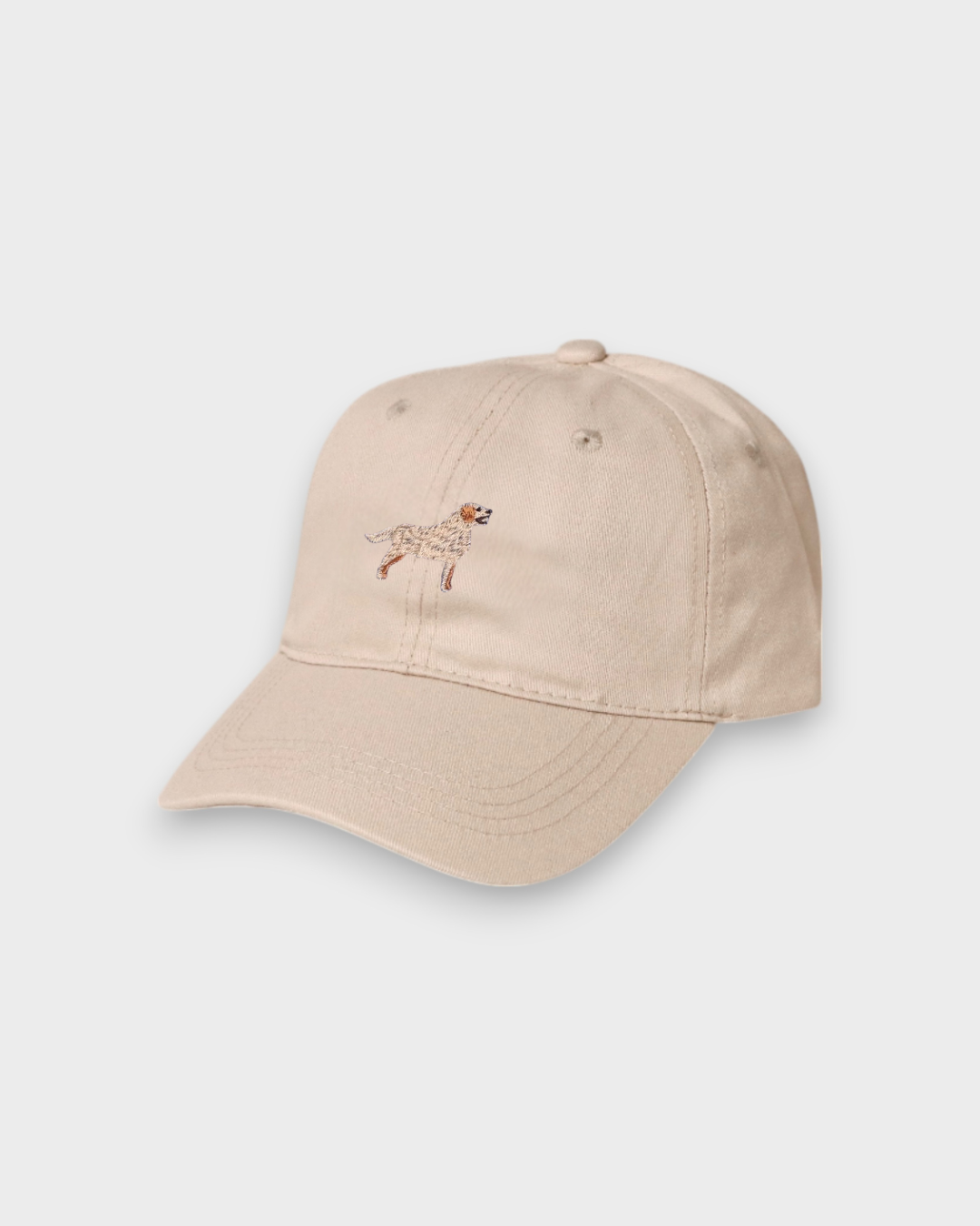 Beige Golden Retriever personalised baseball hat with hand-drawn embroidered design and custom embroidery option.