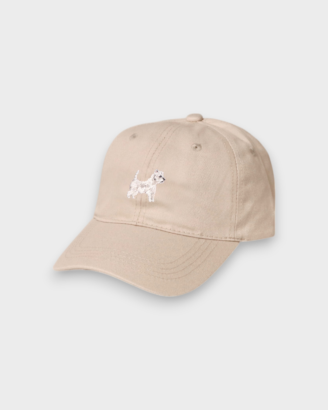 Beige personalised hat with embroidered West Highland White Terrier design and custom embroidery option on back