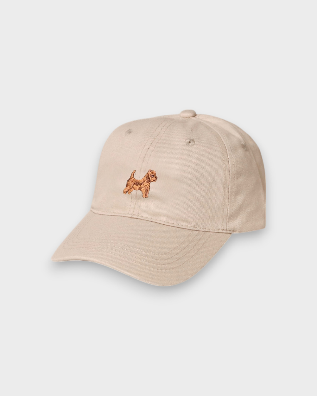 Beige Australian Terrier personalised hat with embroidered dog design on front and custom embroidery option on back