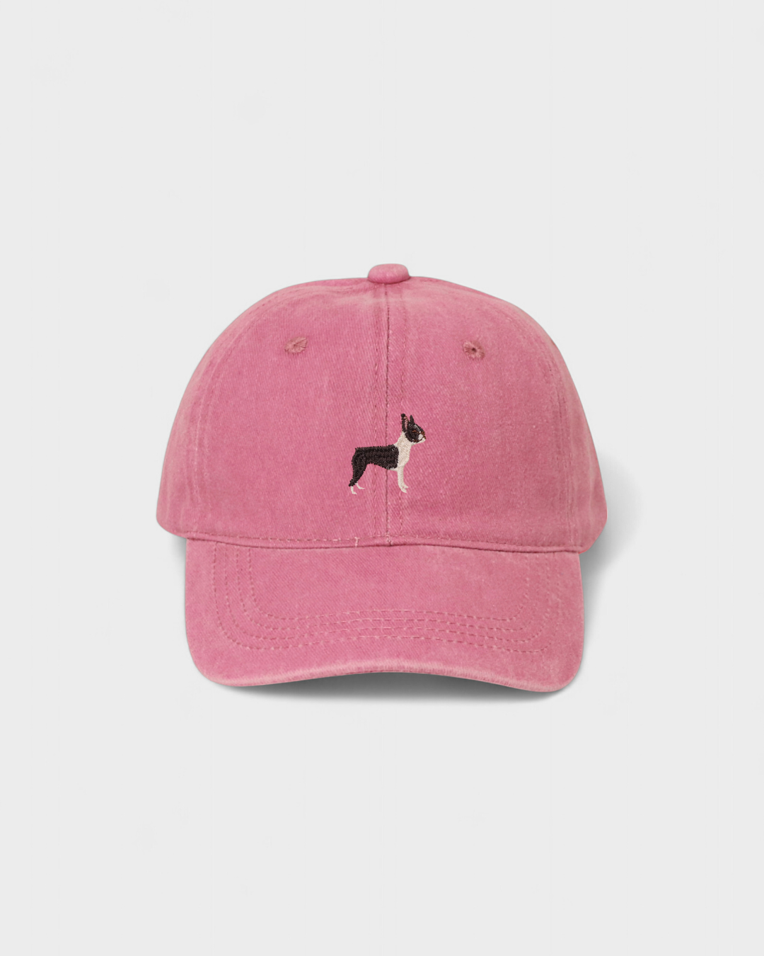 Personalised Boston Terrier embroidered hat in pink with custom back embroidery option.