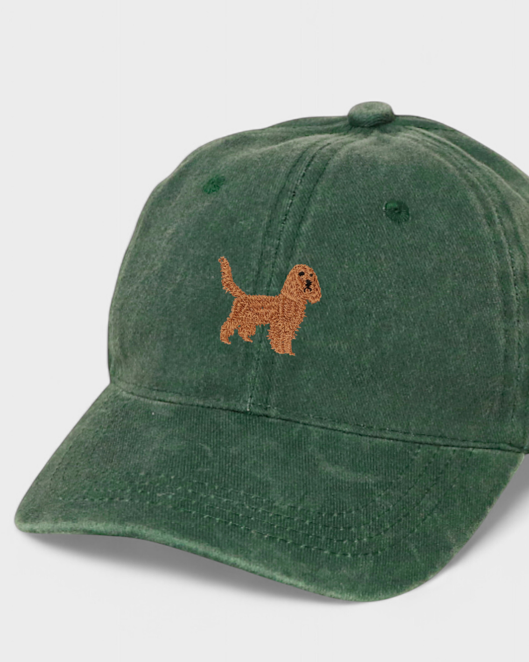 Green Kelpie Personalised Hat with embroidered Cocker Spaniel design and customizable back embroidery
