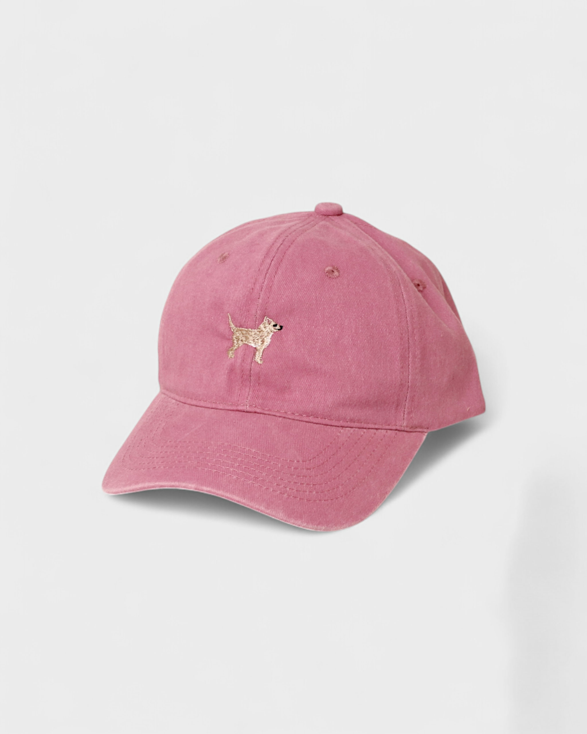 Pink baseball hat with embroidered Chihuahua design on front and customizable back embroidery