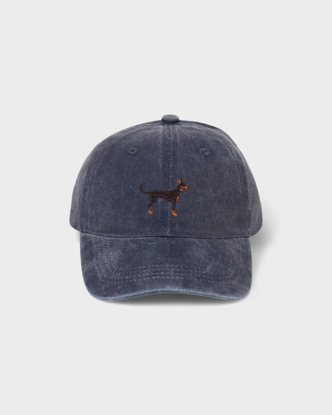 Doberman personalised hat with hand-embroidered Dobermann Pinscher design on washed cotton baseball cap