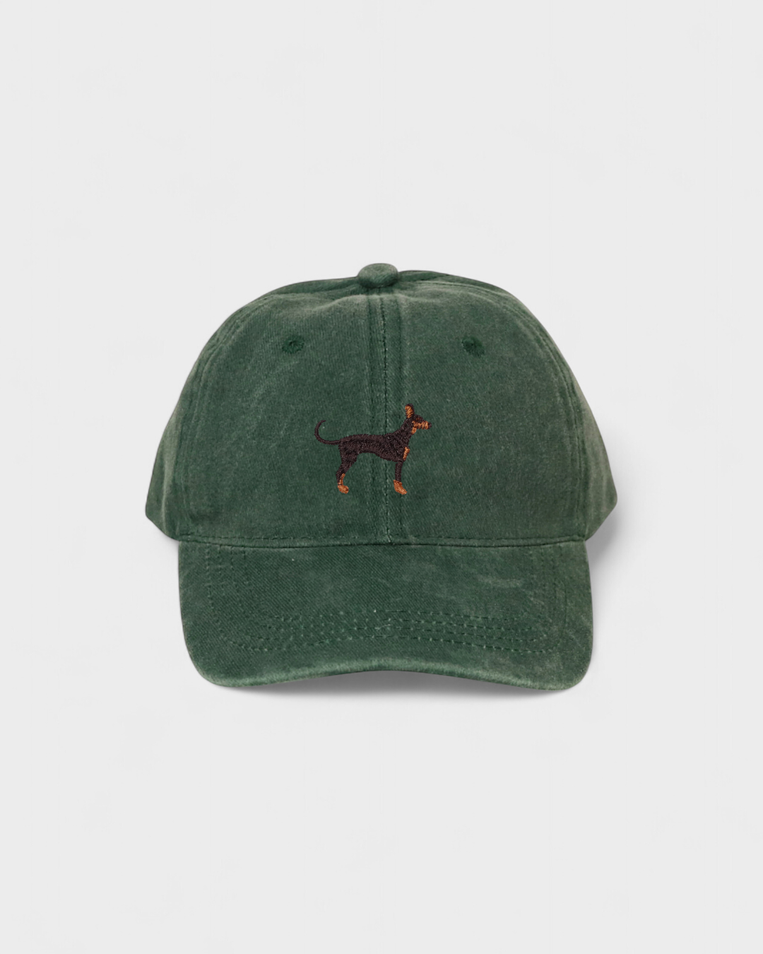Green Dobermann Personalised Hat with embroidered Dobermann Pinscher design on front in cotton baseball style
