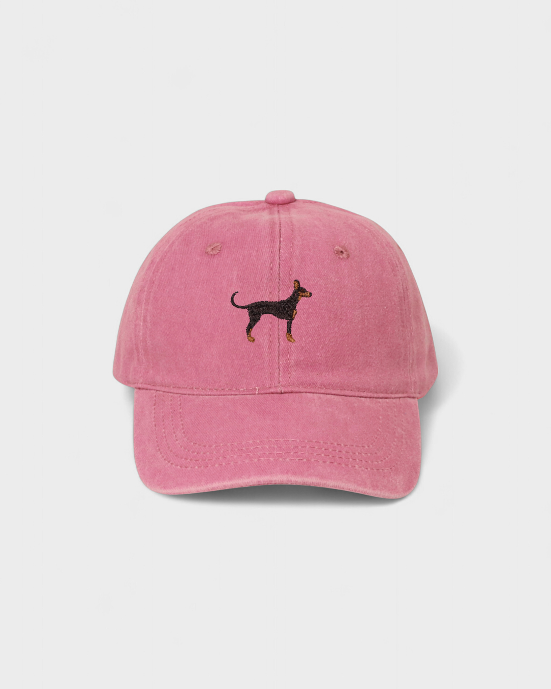 Pink Doberman Personalised Hat with embroidered Dobermann Pinscher design on front, made of 100% washed cotton in classic baseball style.