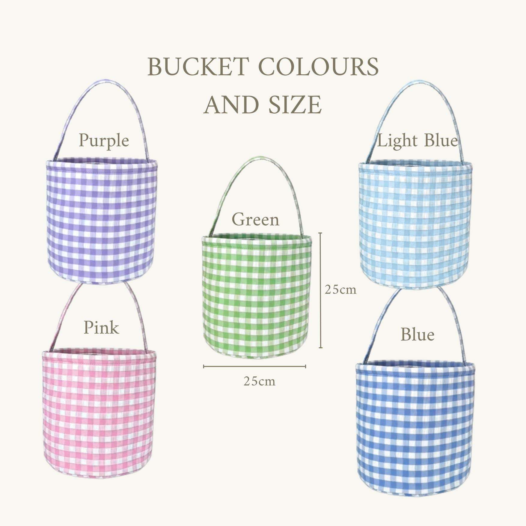 Multicolored gingham personalised Easter buckets with hand-drawn embroidery in various styles.