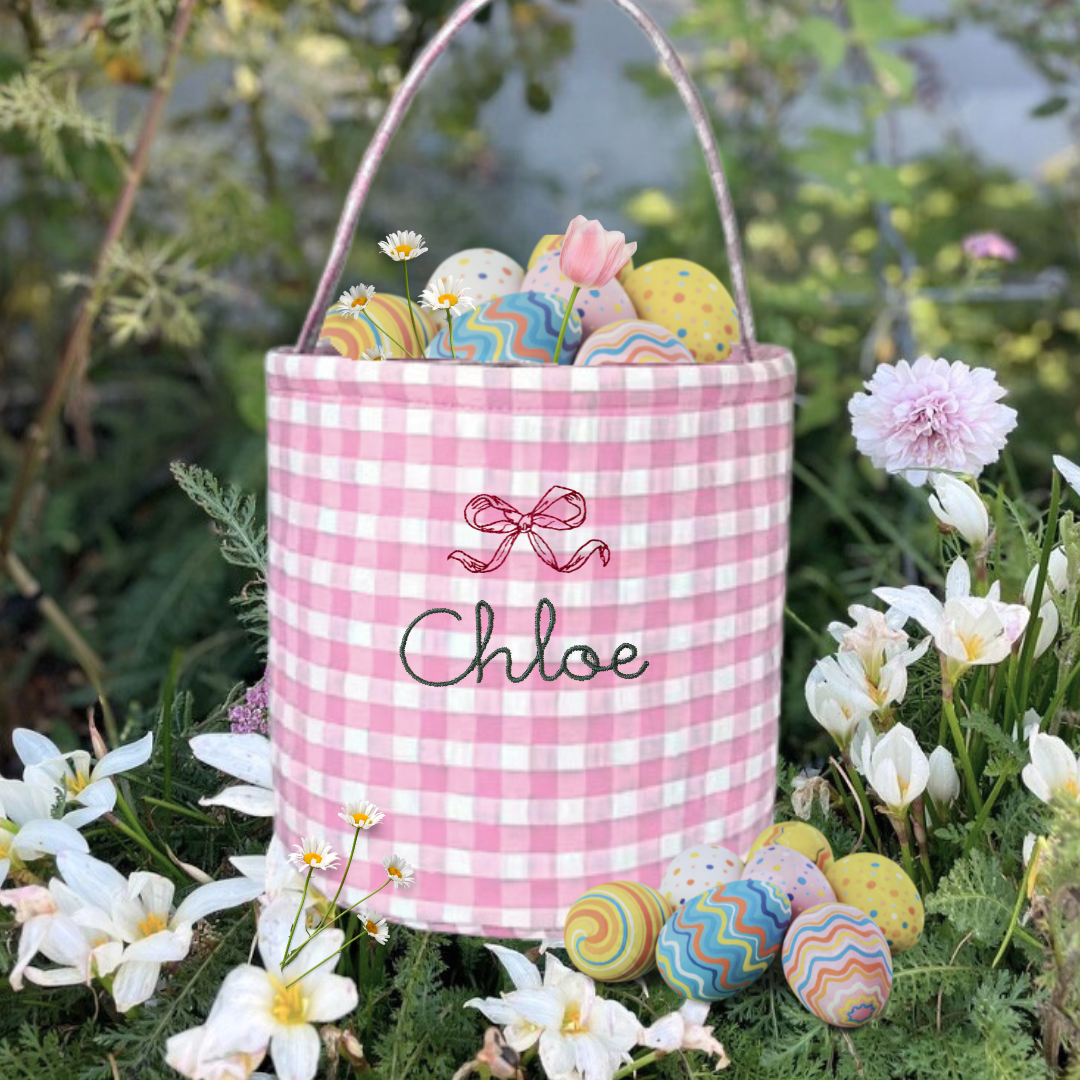 Personalised Easter Bucket with bow design and hand-drawn embroidery in pink gingham pattern.