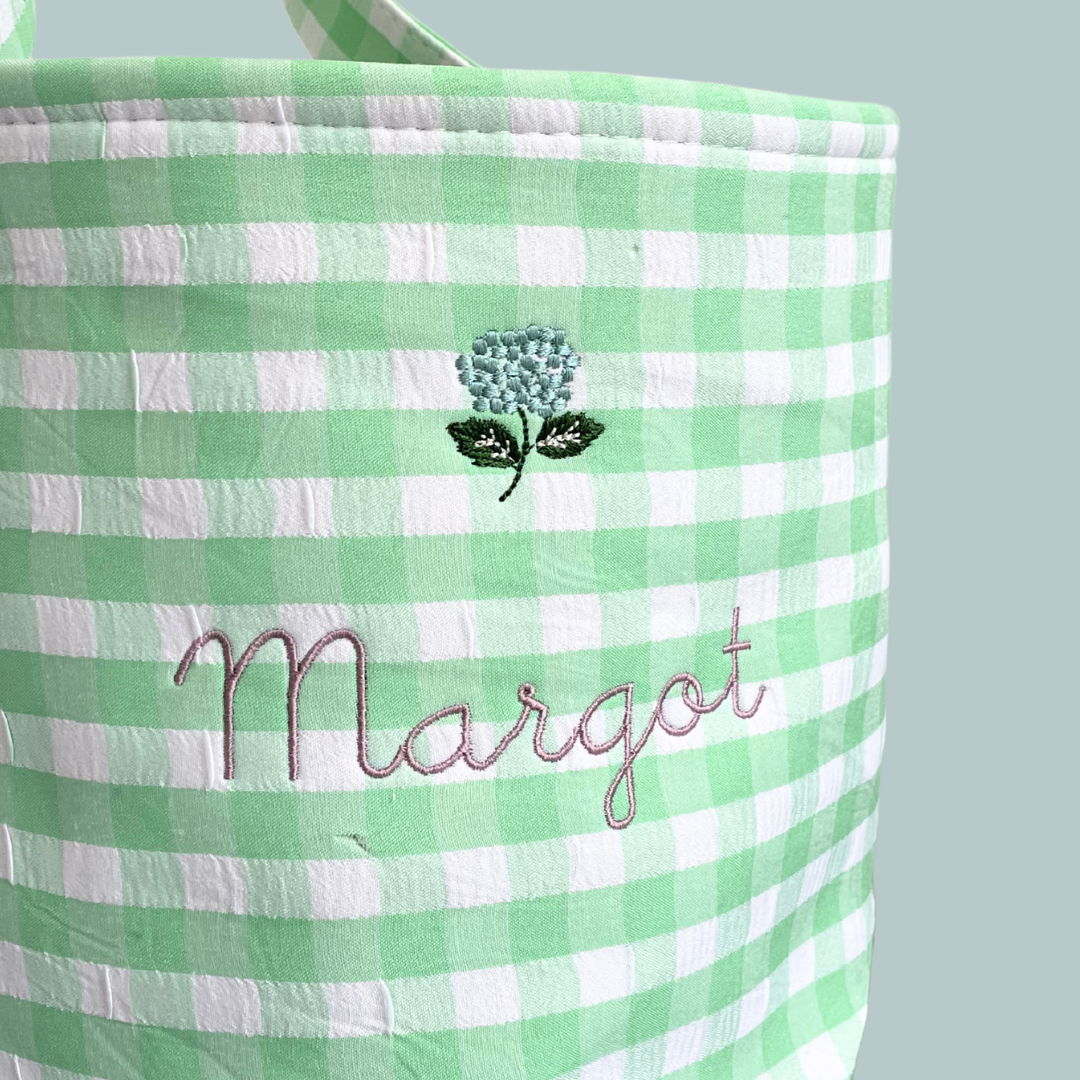Personalised Easter Bucket with hydrangea embroidery on green gingham fabric