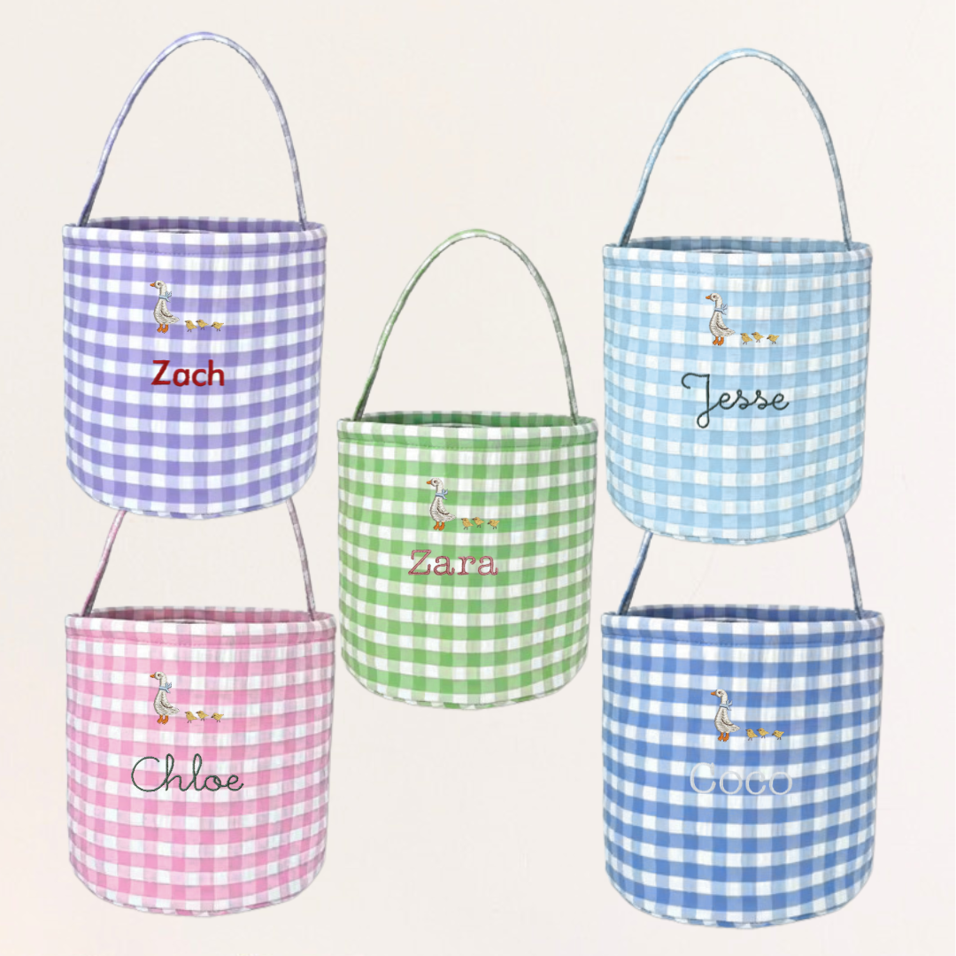 Personalised Easter Bucket with gingham pattern and hand-drawn embroidery, available in various colors.