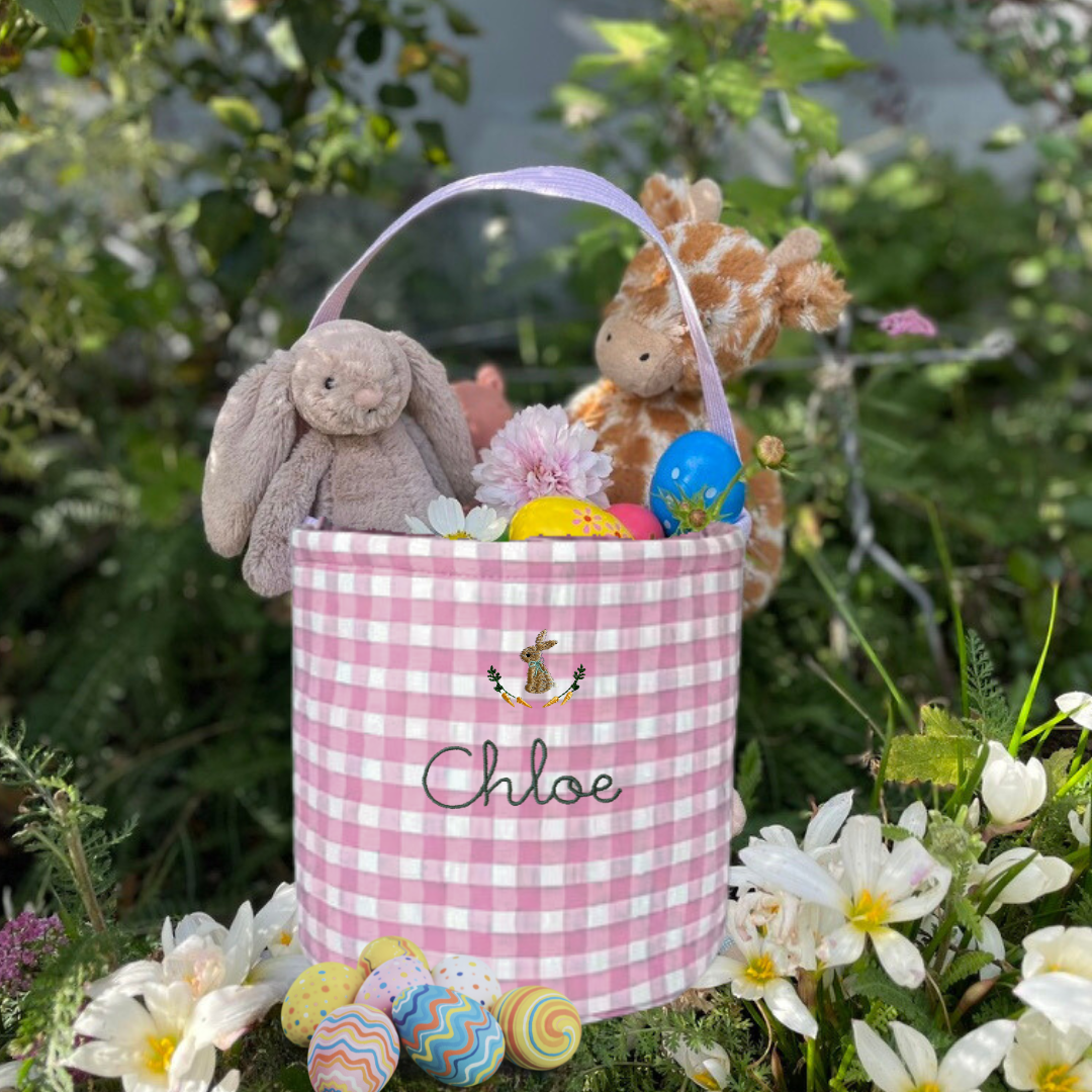Personalised Easter Bucket with bunny and carrot embroidery, gingham pattern, and toys.