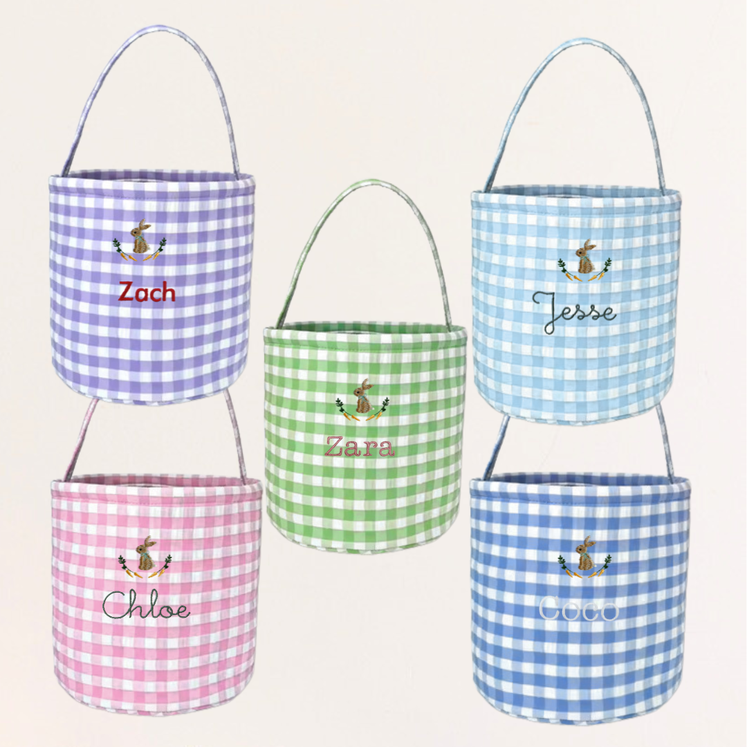Personalised Easter Bucket with bunny and carrots embroidery in gingham design.
