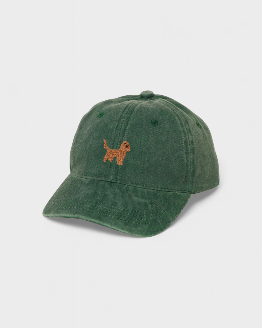 Green baseball cap with embroidered brown Cocker Spaniel dog on front, personalized hat made of 100% washed cotton.