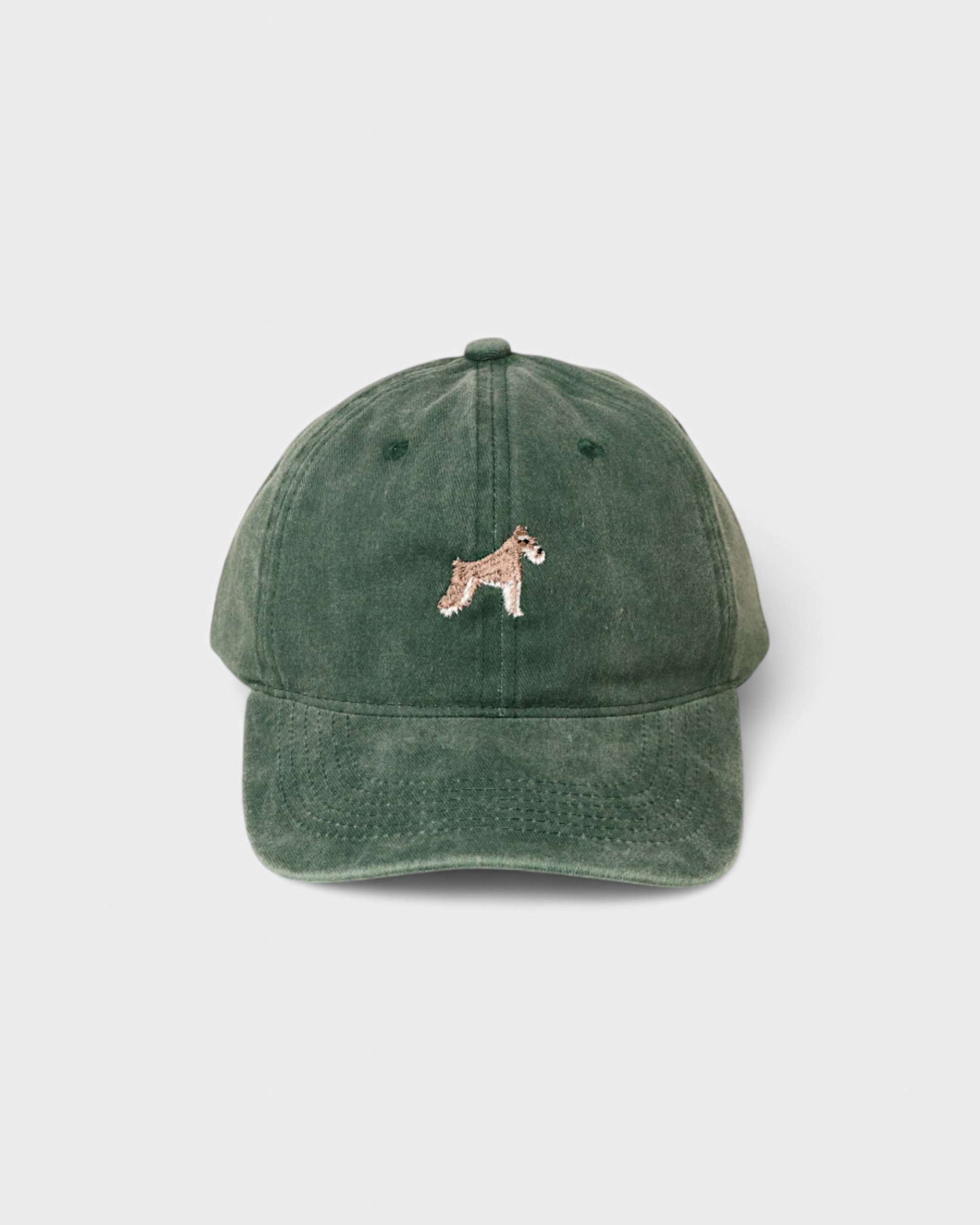 Green Schnauzer personalised hat with embroidered dog design on front, made of 100% washed cotton in classic baseball style