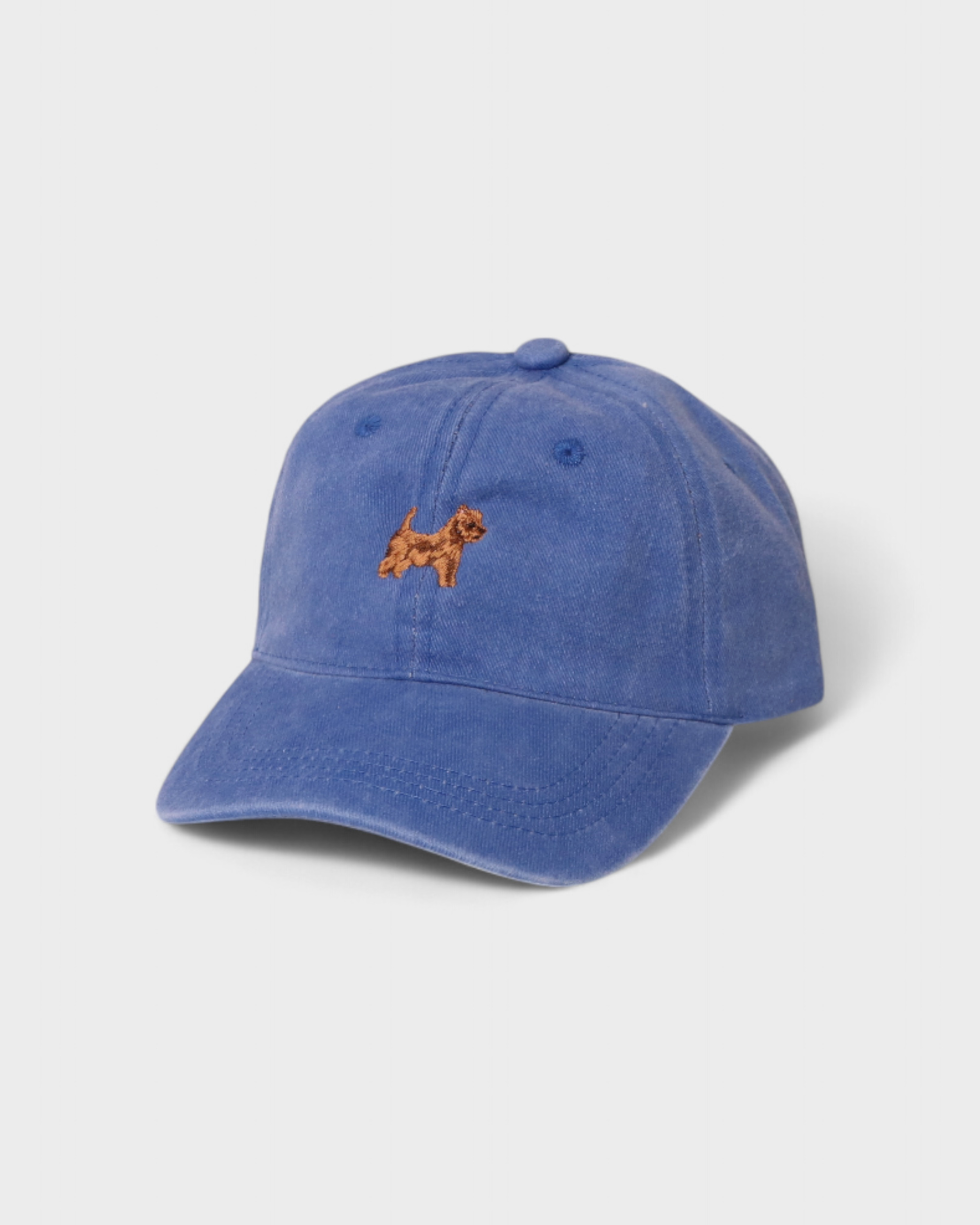 Australian Terrier personalised embroidered hat in blue washed cotton.