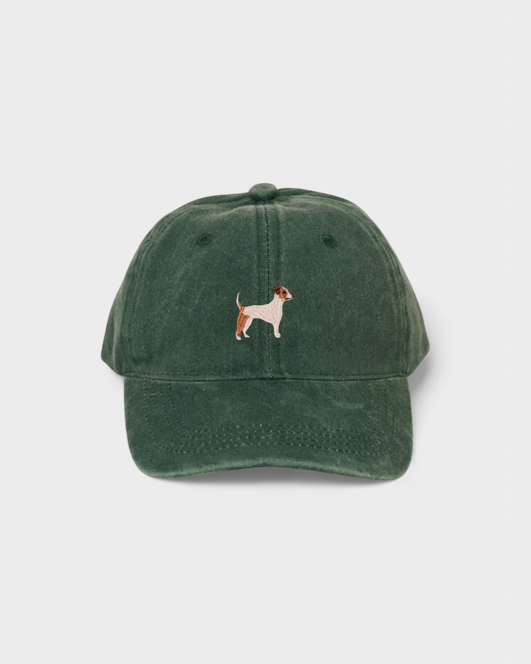 Green baseball cap with embroidered hand-drawn Jack Russell Terrier design, personalised embroidery option on back, 100% washed cotton.