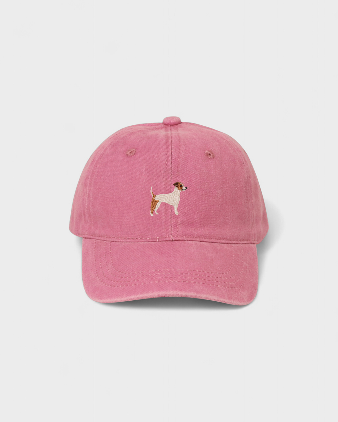 Pink Jack Russell Personalised Hat with embroidered dog design, 100% washed cotton, classic baseball fit
