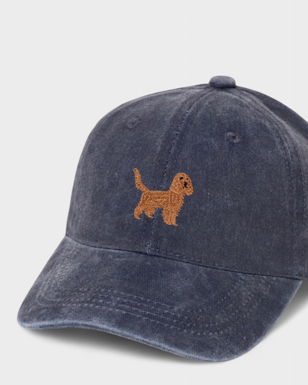 Kelpie personalised hat with hand-embroidered Cocker Spaniel design on washed cotton baseball cap