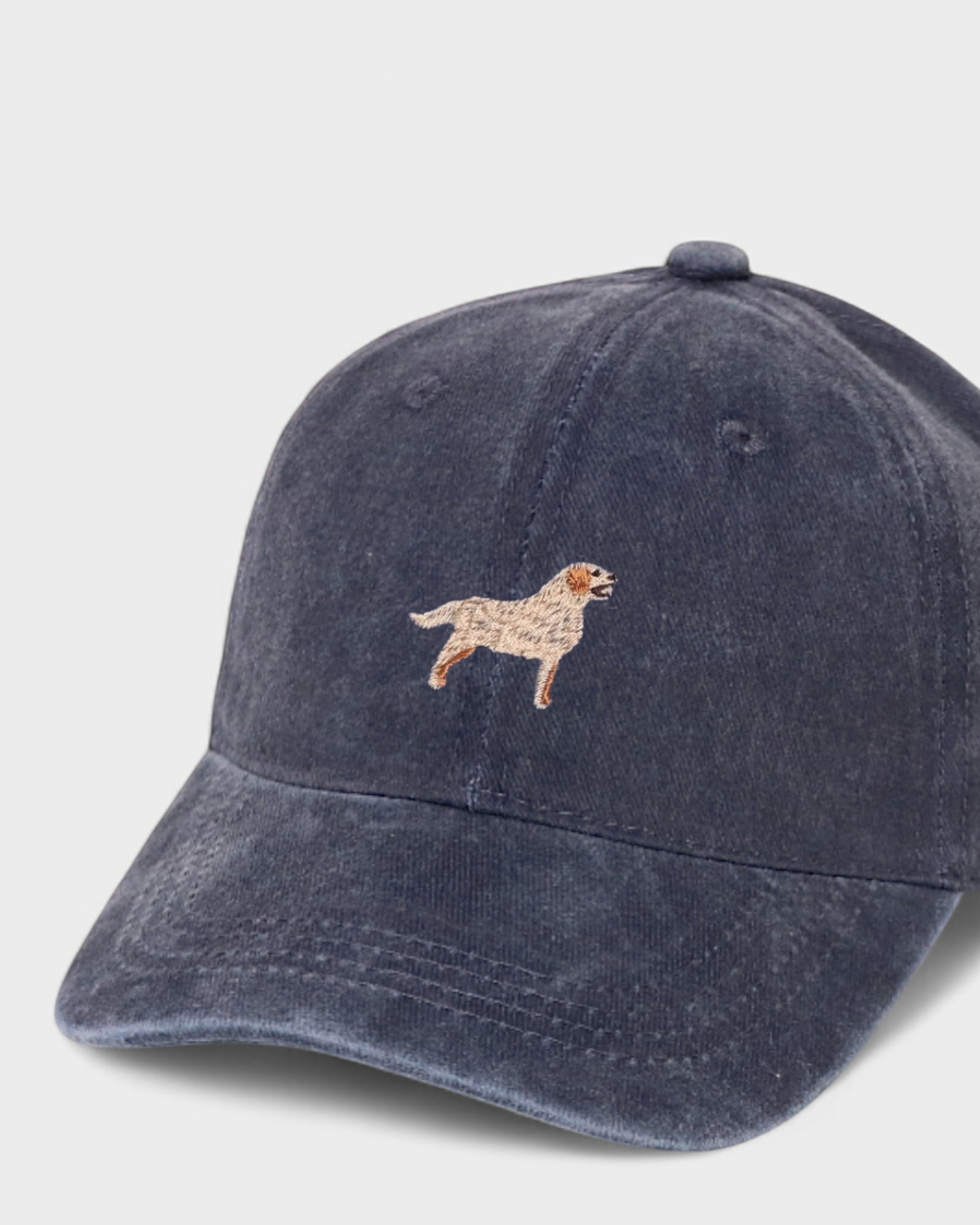 Navy blue Golden Retriever personalised baseball hat with embroidered dog design on front made of 100% washed cotton