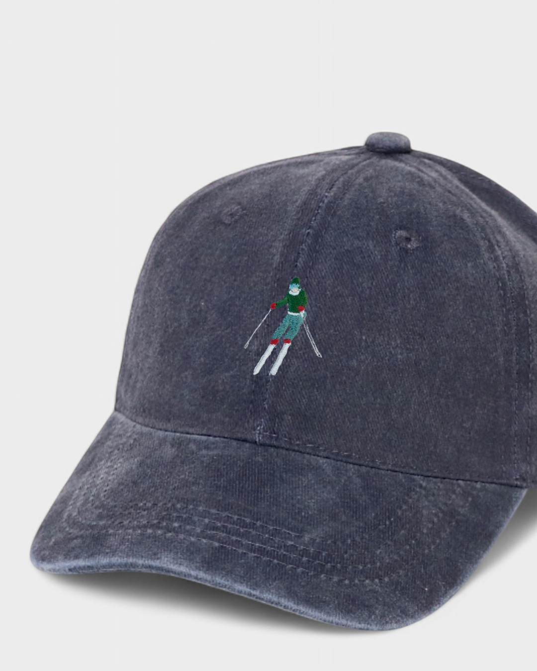 Skier personalised hat with embroidered design on front, 100% washed cotton, classic baseball fit.