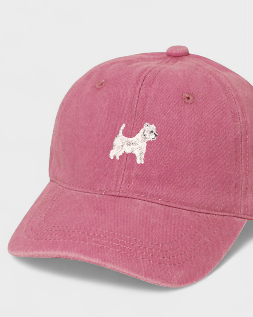 Pink personalised hat with embroidered West Highland White Terrier dog design on front