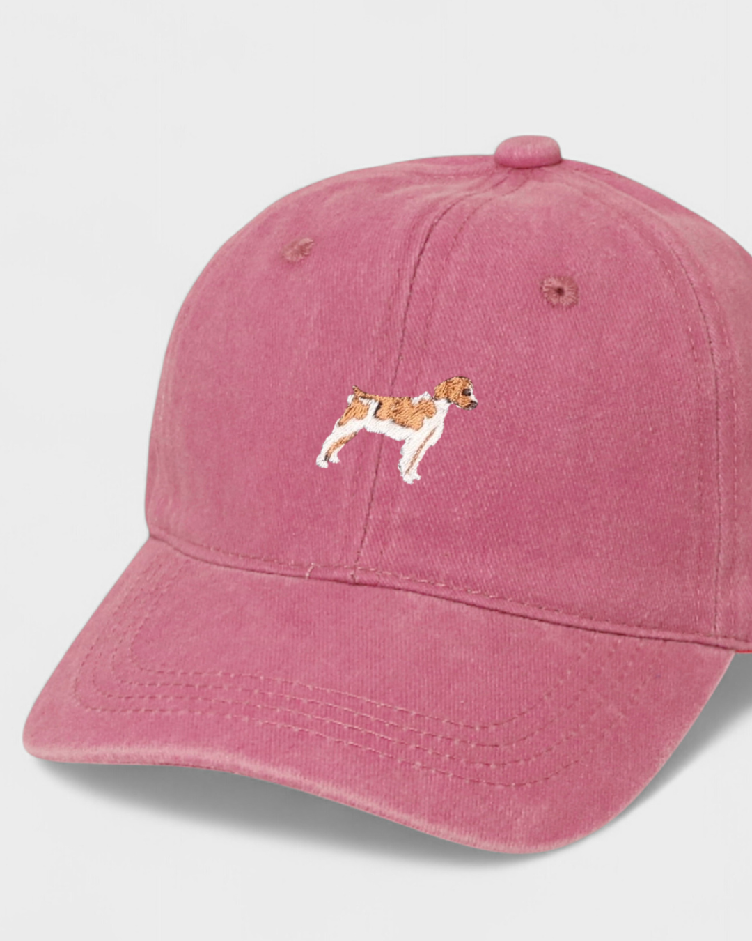 Pink Brittany Spaniel personalised hat with embroidered dog design and custom back embroidery in cotton baseball style