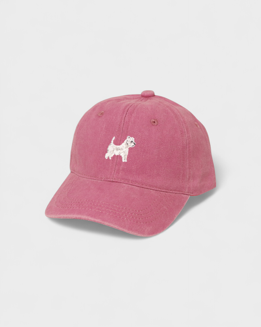 Pink personalised hat with embroidered white West Highland White Terrier design on front