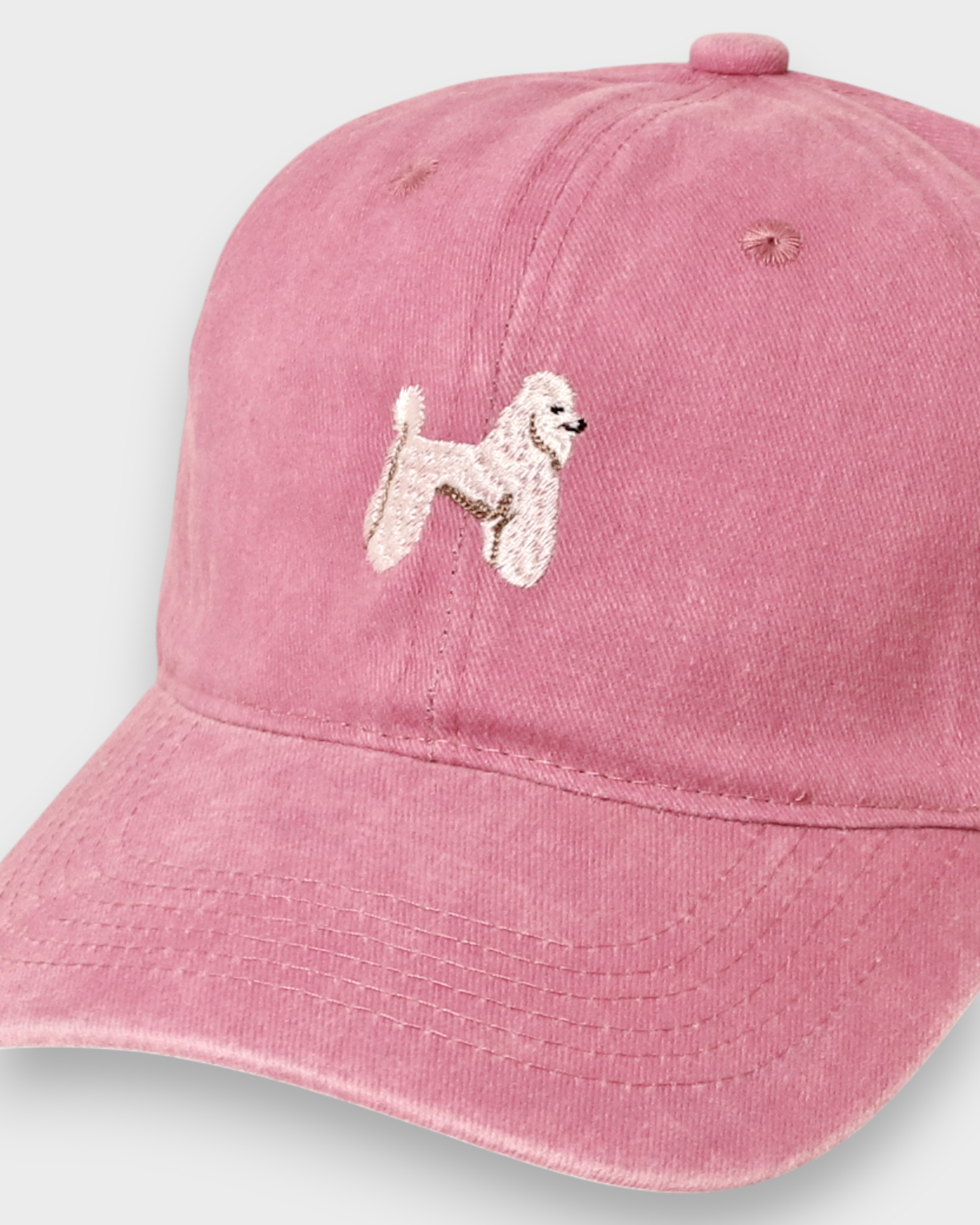 Pink Poodle Personalised Hat with hand-embroidered poodle design and customizable embroidery on back, made from 100% washed cotton in classic baseball style