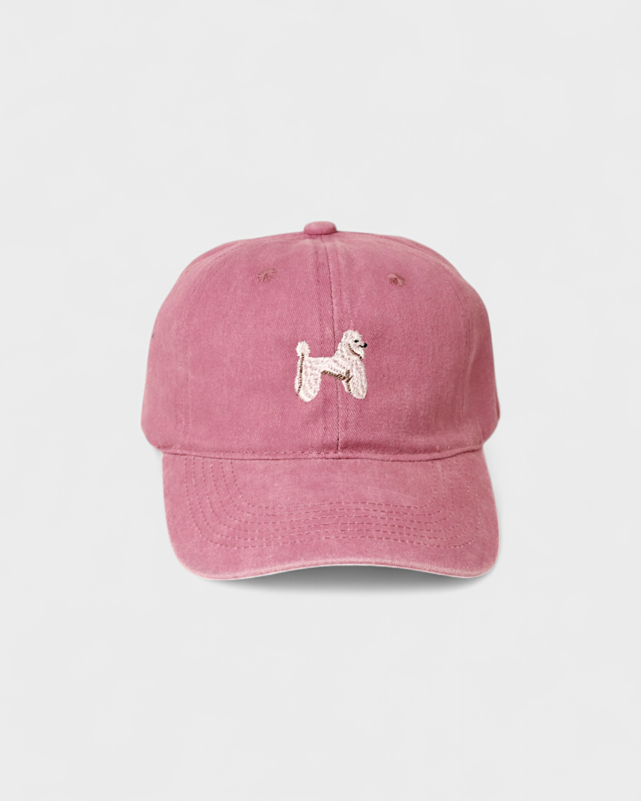 Pink baseball hat with embroidered hand-drawn Poodle design front, personalized embroidery option on back, 100% washed cotton.
