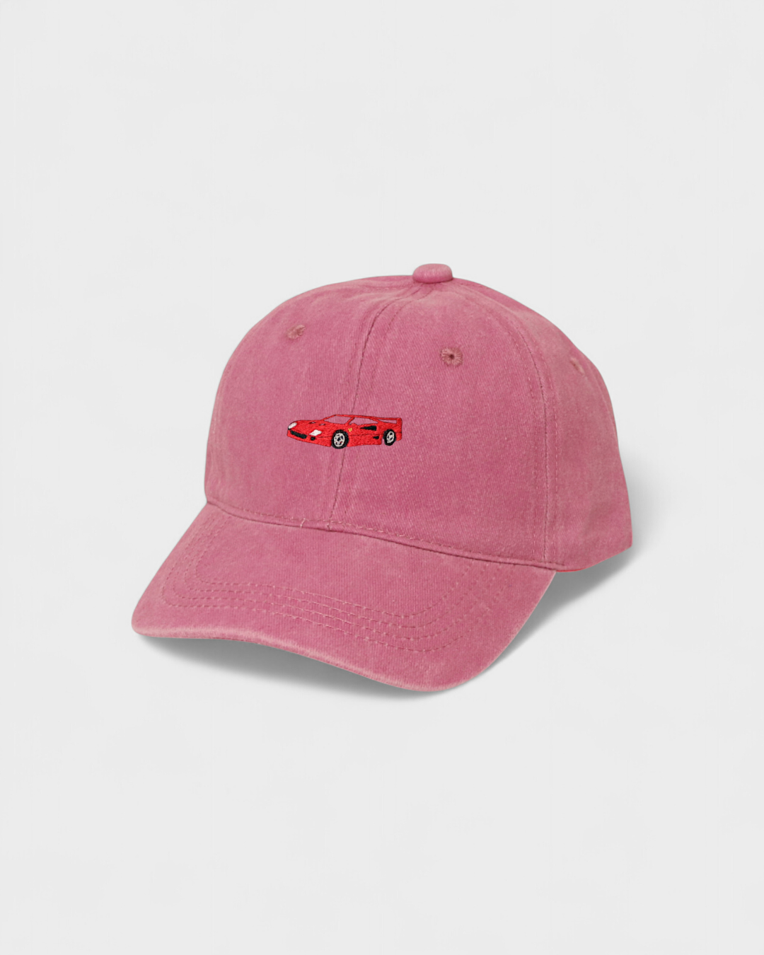 Ferrari F40 personalised hat with hand-drawn car embroidery, pink baseball cap.