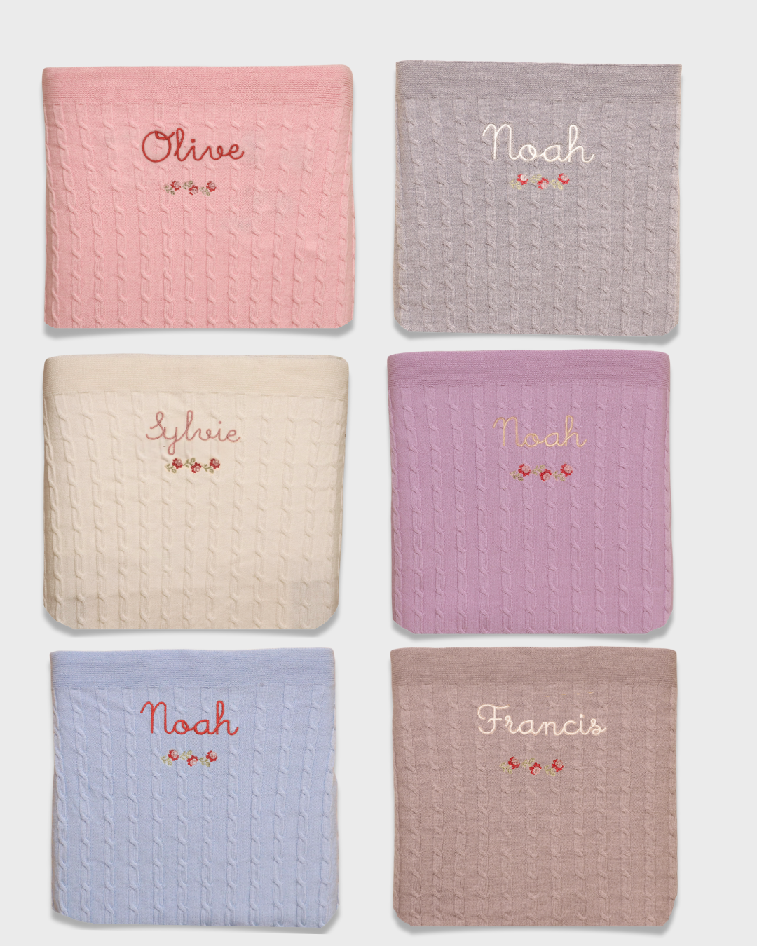 Merino Baby Blanket with Rosette Design and personalized embroidery.