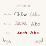 Font styles for personalised embroidery on Easter buckets, including Litte Days, Typewriter, and Block.
