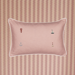 Nautical cushion with hand-embroidered sea motifs on natural linen fabric with white piping, 30x45cm, heirloom quality.