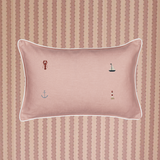 Nautical cushion with hand-embroidered sea motifs on natural linen fabric with white piping, 30x45cm, heirloom quality.