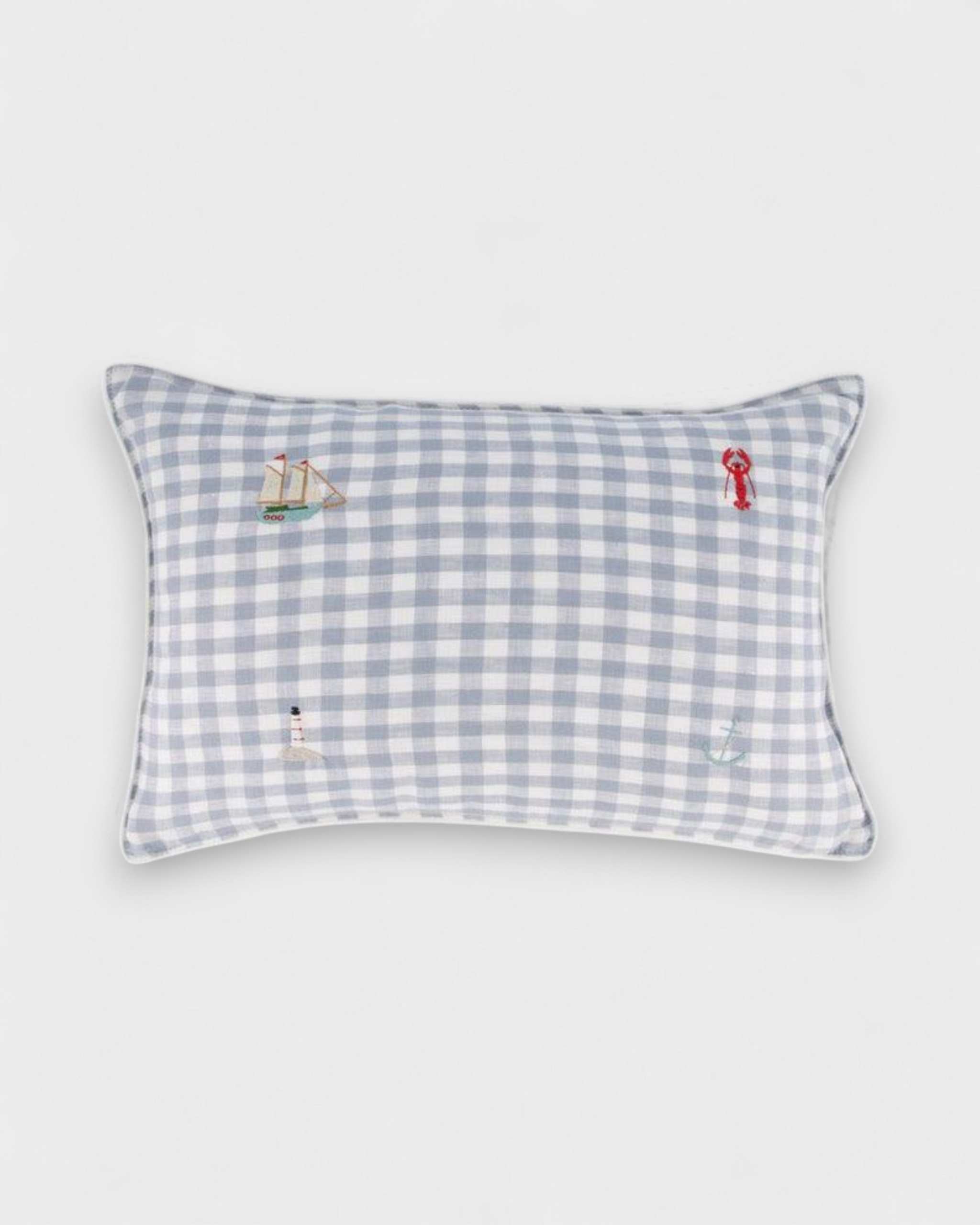 Nautical Cushion in duck egg blue gingham linen with embroidered sea life designs, handcrafted in New Zealand.