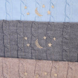 Merino baby blanket with moon and stars design, personalized embroidery.