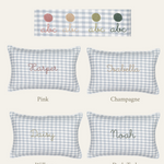 Duck egg blue gingham linen nautical cushion with personalized embroidered names in pink, champagne, willow, and dark teal colors