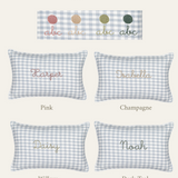 Duck egg blue gingham linen nautical cushion with personalized embroidered names in pink, champagne, willow, and dark teal colors
